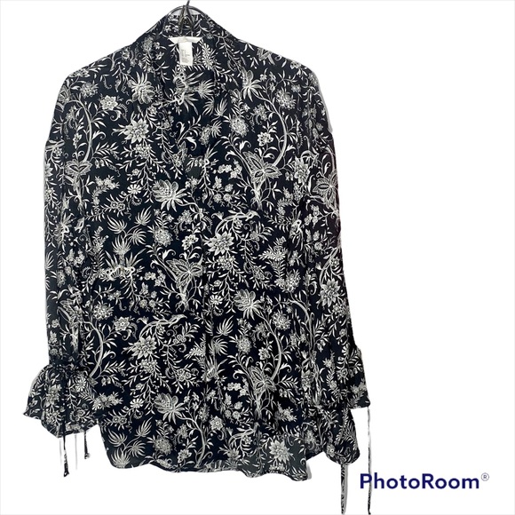H&M Floral V-Neck Long Sleeve Oversized Tunic Blouse Black & White Small - Picture 1 of 13